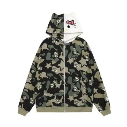Hello Kitty Green Camouflage Oversized Zip Up Hoodie