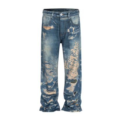 Distressed Vintage Effect Straight Denim Pants