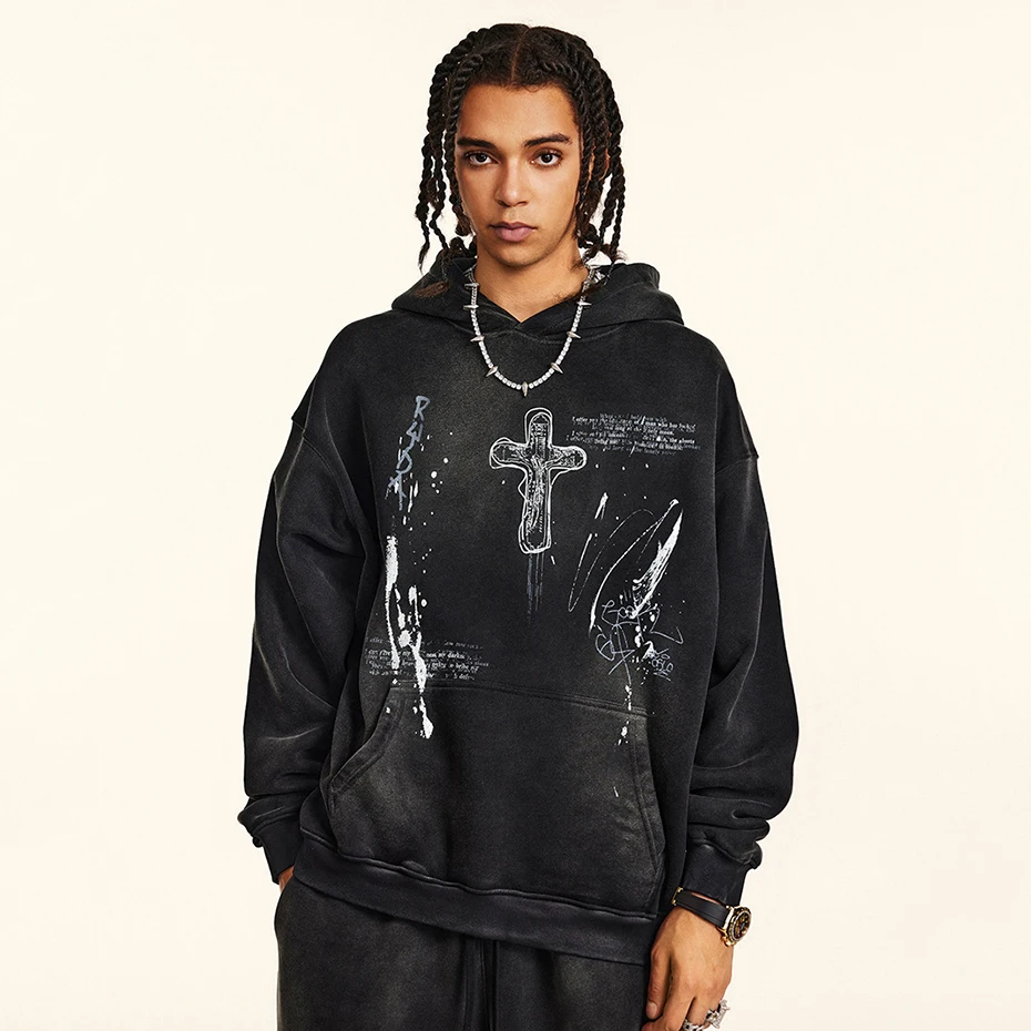 Oversized Graphic Cross Vintage Hoodie - Image 2